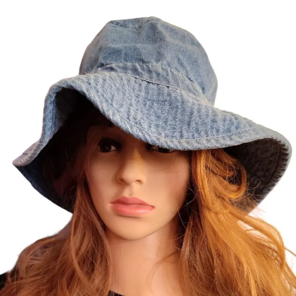 Retro Blue Faded Denim Wide Brim Floppy Sun Hat Women's One Size‎